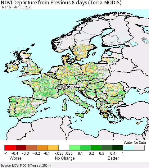 Europe NDVI Departure from Previous 8-days (Terra-MODIS) Thematic Map For 3/6/2021 - 3/13/2021