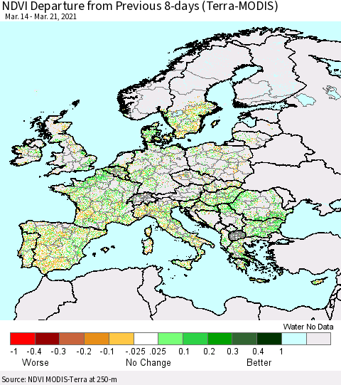 Europe NDVI Departure from Previous 8-days (Terra-MODIS) Thematic Map For 3/14/2021 - 3/21/2021
