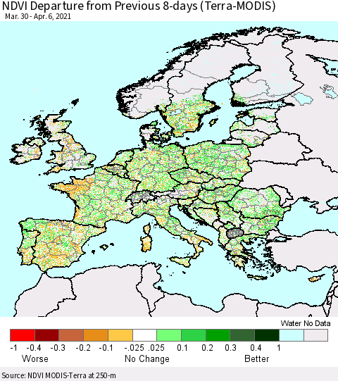 Europe NDVI Departure from Previous 8-days (Terra-MODIS) Thematic Map For 3/30/2021 - 4/6/2021