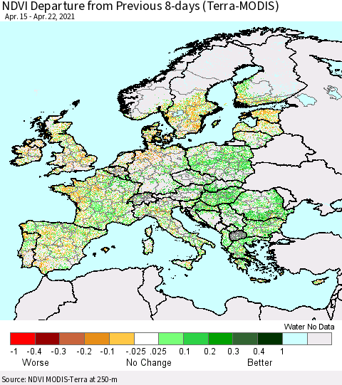 Europe NDVI Departure from Previous 8-days (Terra-MODIS) Thematic Map For 4/15/2021 - 4/22/2021