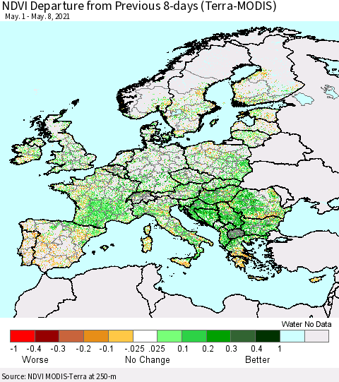 Europe NDVI Departure from Previous 8-days (Terra-MODIS) Thematic Map For 5/1/2021 - 5/8/2021