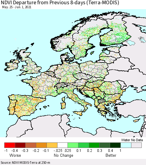 Europe NDVI Departure from Previous 8-days (Terra-MODIS) Thematic Map For 5/25/2021 - 6/1/2021