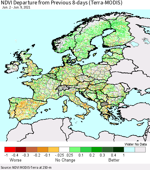 Europe NDVI Departure from Previous 8-days (Terra-MODIS) Thematic Map For 6/2/2021 - 6/9/2021