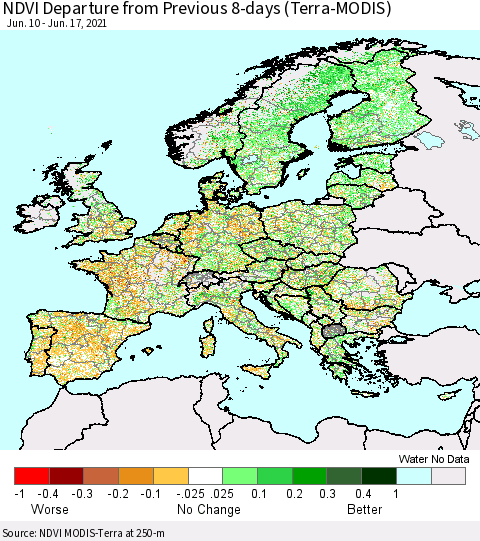 Europe NDVI Departure from Previous 8-days (Terra-MODIS) Thematic Map For 6/10/2021 - 6/17/2021