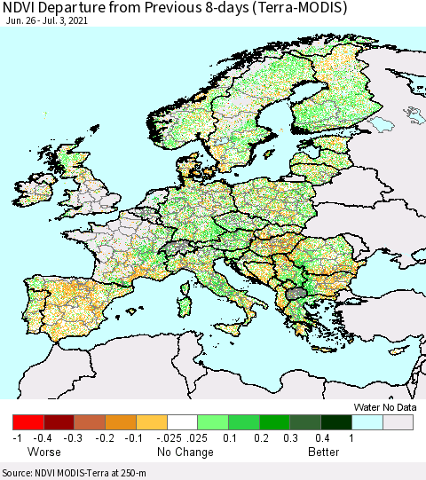 Europe NDVI Departure from Previous 8-days (Terra-MODIS) Thematic Map For 6/26/2021 - 7/3/2021