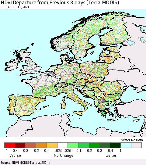 Europe NDVI Departure from Previous 8-days (Terra-MODIS) Thematic Map For 7/4/2021 - 7/11/2021