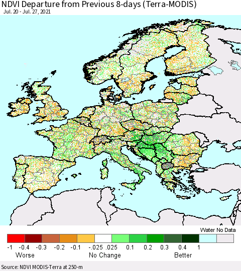 Europe NDVI Departure from Previous 8-days (Terra-MODIS) Thematic Map For 7/20/2021 - 7/27/2021