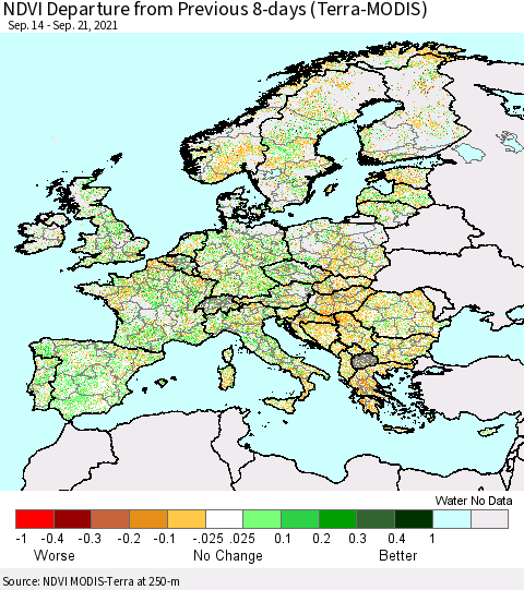 Europe NDVI Departure from Previous 8-days (Terra-MODIS) Thematic Map For 9/14/2021 - 9/21/2021