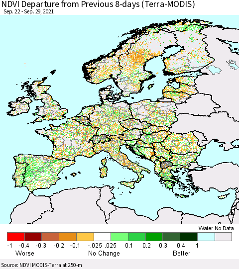 Europe NDVI Departure from Previous 8-days (Terra-MODIS) Thematic Map For 9/22/2021 - 9/29/2021