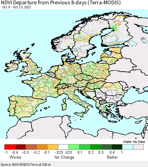 Europe NDVI Departure from Previous 8-days (Terra-MODIS) Thematic Map For 10/8/2021 - 10/15/2021