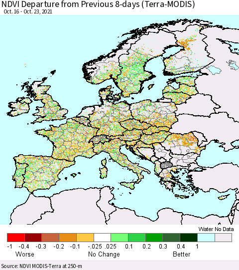 Europe NDVI Departure from Previous 8-days (Terra-MODIS) Thematic Map For 10/16/2021 - 10/23/2021