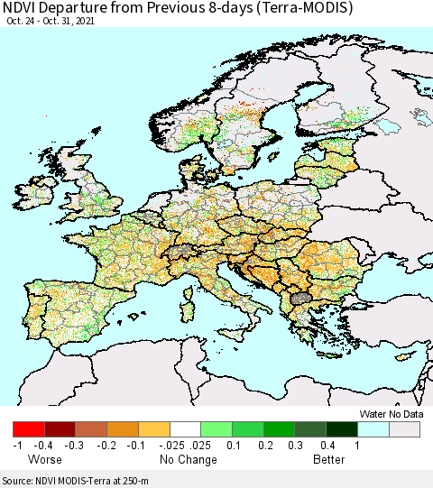 Europe NDVI Departure from Previous 8-days (Terra-MODIS) Thematic Map For 10/24/2021 - 10/31/2021