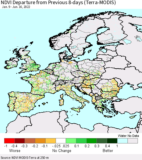 Europe NDVI Departure from Previous 8-days (Terra-MODIS) Thematic Map For 1/9/2022 - 1/16/2022