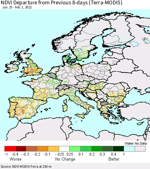 Europe NDVI Departure from Previous 8-days (Terra-MODIS) Thematic Map For 1/25/2022 - 2/1/2022