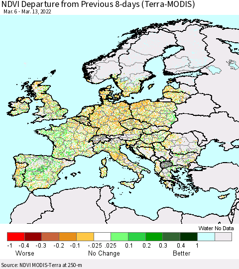 Europe NDVI Departure from Previous 8-days (Terra-MODIS) Thematic Map For 3/6/2022 - 3/13/2022