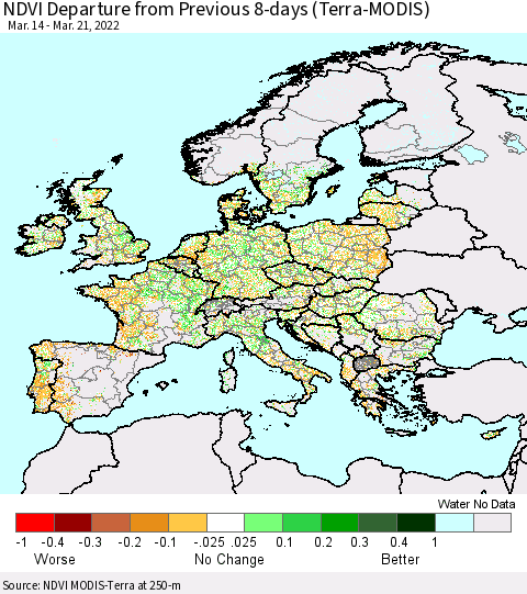 Europe NDVI Departure from Previous 8-days (Terra-MODIS) Thematic Map For 3/14/2022 - 3/21/2022