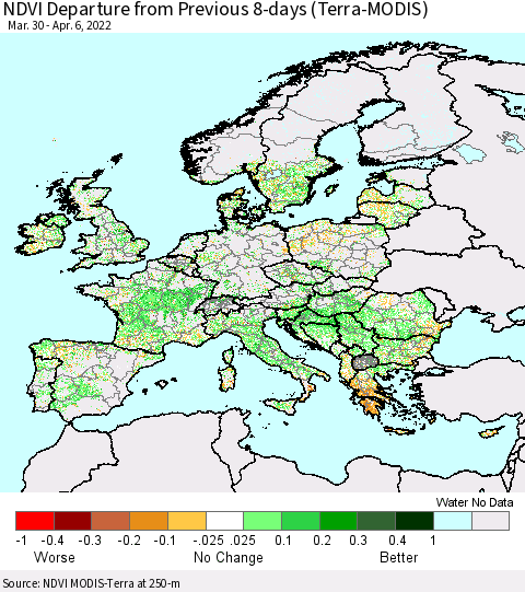 Europe NDVI Departure from Previous 8-days (Terra-MODIS) Thematic Map For 3/30/2022 - 4/6/2022