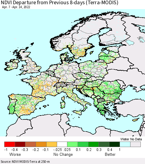 Europe NDVI Departure from Previous 8-days (Terra-MODIS) Thematic Map For 4/7/2022 - 4/14/2022