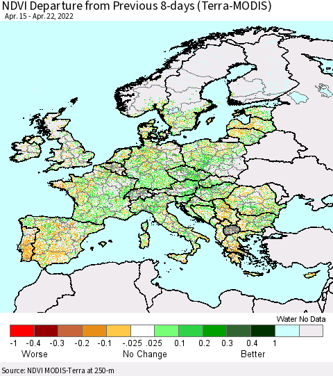 Europe NDVI Departure from Previous 8-days (Terra-MODIS) Thematic Map For 4/15/2022 - 4/22/2022