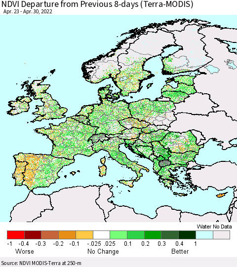 Europe NDVI Departure from Previous 8-days (Terra-MODIS) Thematic Map For 4/23/2022 - 4/30/2022