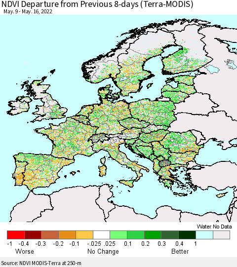 Europe NDVI Departure from Previous 8-days (Terra-MODIS) Thematic Map For 5/9/2022 - 5/16/2022