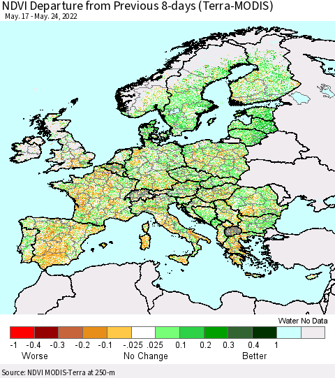 Europe NDVI Departure from Previous 8-days (Terra-MODIS) Thematic Map For 5/17/2022 - 5/24/2022