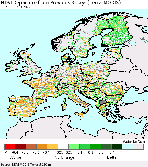 Europe NDVI Departure from Previous 8-days (Terra-MODIS) Thematic Map For 6/2/2022 - 6/9/2022