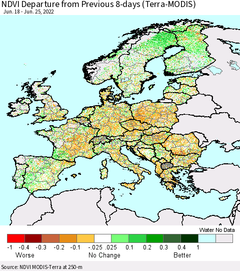 Europe NDVI Departure from Previous 8-days (Terra-MODIS) Thematic Map For 6/18/2022 - 6/25/2022