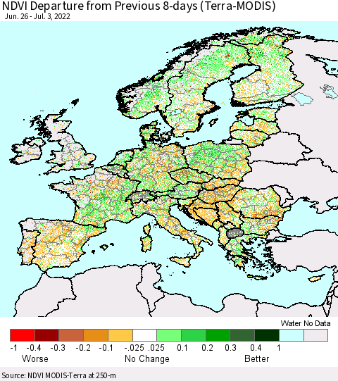 Europe NDVI Departure from Previous 8-days (Terra-MODIS) Thematic Map For 6/26/2022 - 7/3/2022