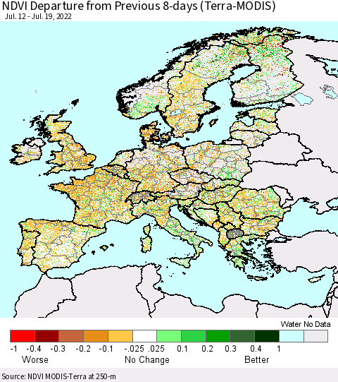 Europe NDVI Departure from Previous 8-days (Terra-MODIS) Thematic Map For 7/12/2022 - 7/19/2022