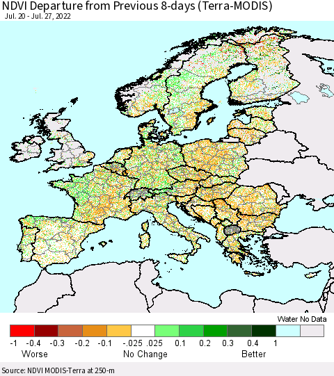 Europe NDVI Departure from Previous 8-days (Terra-MODIS) Thematic Map For 7/20/2022 - 7/27/2022