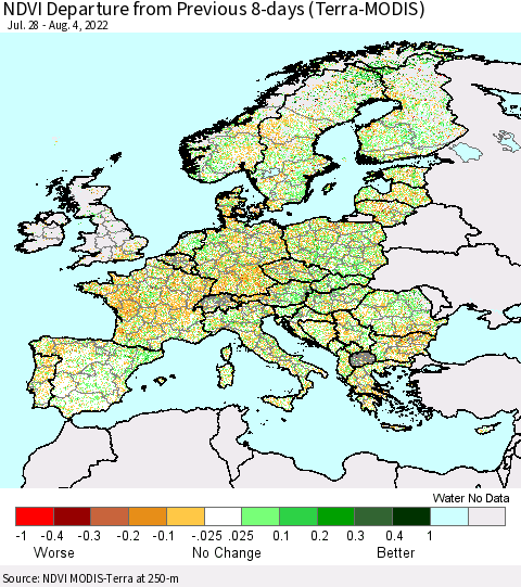 Europe NDVI Departure from Previous 8-days (Terra-MODIS) Thematic Map For 7/28/2022 - 8/4/2022