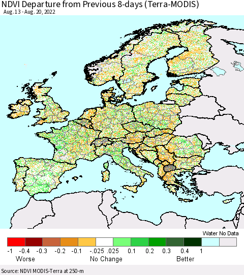 Europe NDVI Departure from Previous 8-days (Terra-MODIS) Thematic Map For 8/13/2022 - 8/20/2022
