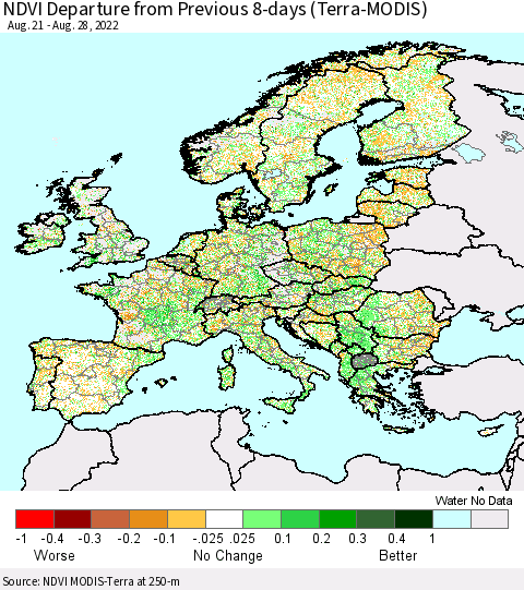 Europe NDVI Departure from Previous 8-days (Terra-MODIS) Thematic Map For 8/21/2022 - 8/28/2022
