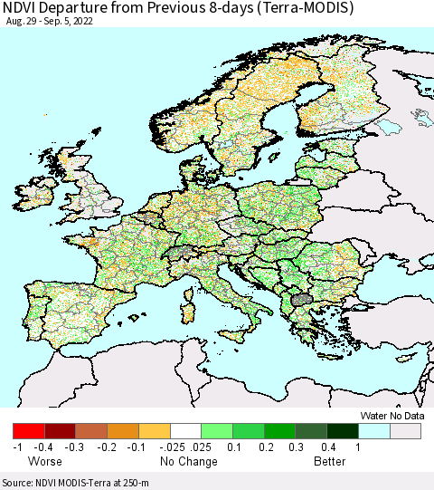 Europe NDVI Departure from Previous 8-days (Terra-MODIS) Thematic Map For 8/29/2022 - 9/5/2022