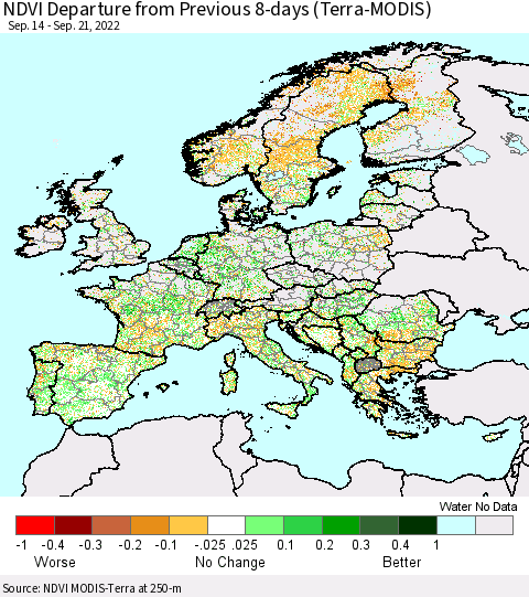 Europe NDVI Departure from Previous 8-days (Terra-MODIS) Thematic Map For 9/14/2022 - 9/21/2022