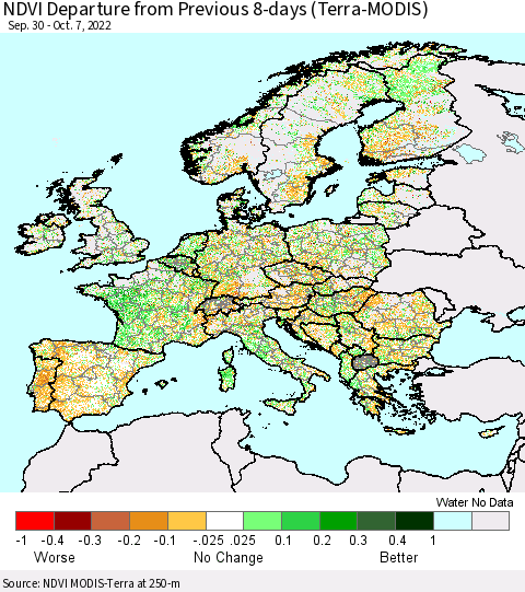 Europe NDVI Departure from Previous 8-days (Terra-MODIS) Thematic Map For 9/30/2022 - 10/7/2022