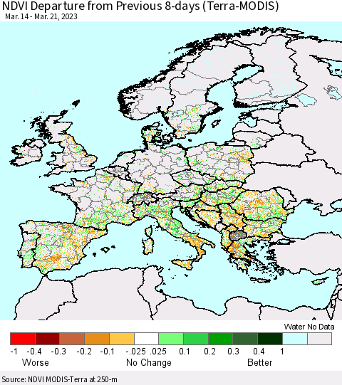 Europe NDVI Departure from Previous 8-days (Terra-MODIS) Thematic Map For 3/14/2023 - 3/21/2023