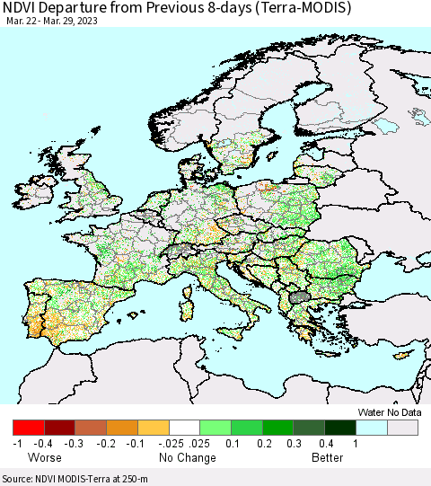 Europe NDVI Departure from Previous 8-days (Terra-MODIS) Thematic Map For 3/22/2023 - 3/29/2023
