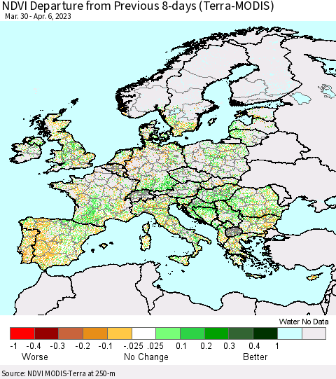 Europe NDVI Departure from Previous 8-days (Terra-MODIS) Thematic Map For 3/30/2023 - 4/6/2023