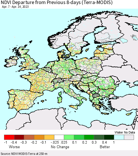 Europe NDVI Departure from Previous 8-days (Terra-MODIS) Thematic Map For 4/7/2023 - 4/14/2023