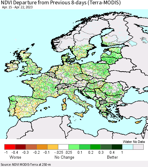 Europe NDVI Departure from Previous 8-days (Terra-MODIS) Thematic Map For 4/15/2023 - 4/22/2023
