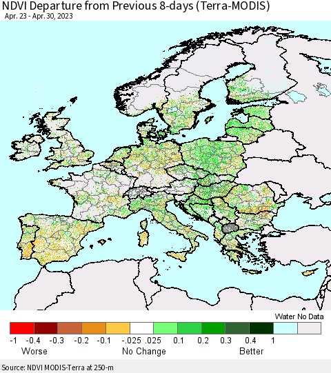 Europe NDVI Departure from Previous 8-days (Terra-MODIS) Thematic Map For 4/23/2023 - 4/30/2023