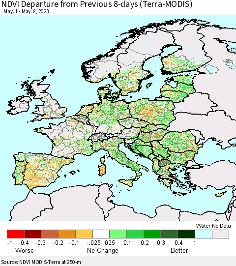 Europe NDVI Departure from Previous 8-days (Terra-MODIS) Thematic Map For 5/1/2023 - 5/8/2023