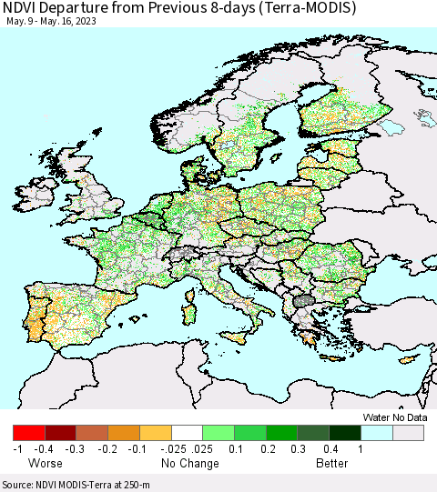 Europe NDVI Departure from Previous 8-days (Terra-MODIS) Thematic Map For 5/9/2023 - 5/16/2023