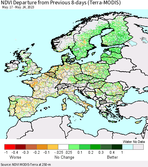 Europe NDVI Departure from Previous 8-days (Terra-MODIS) Thematic Map For 5/17/2023 - 5/24/2023