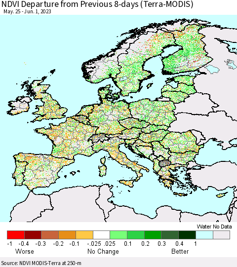 Europe NDVI Departure from Previous 8-days (Terra-MODIS) Thematic Map For 5/25/2023 - 6/1/2023