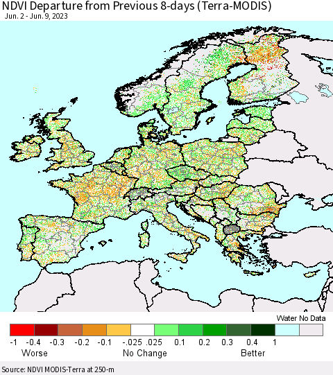 Europe NDVI Departure from Previous 8-days (Terra-MODIS) Thematic Map For 6/2/2023 - 6/9/2023