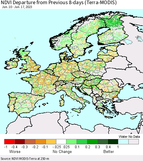 Europe NDVI Departure from Previous 8-days (Terra-MODIS) Thematic Map For 6/10/2023 - 6/17/2023