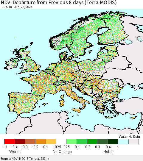 Europe NDVI Departure from Previous 8-days (Terra-MODIS) Thematic Map For 6/18/2023 - 6/25/2023